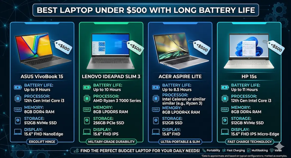 Best Laptop Under $500 with Long Battery Life